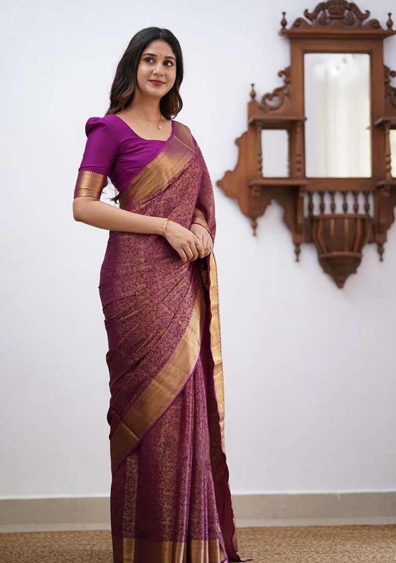 Purple Machine Embroidered Lichi Silk Blend Saree Set for Diwali and Festive Wear - Indya