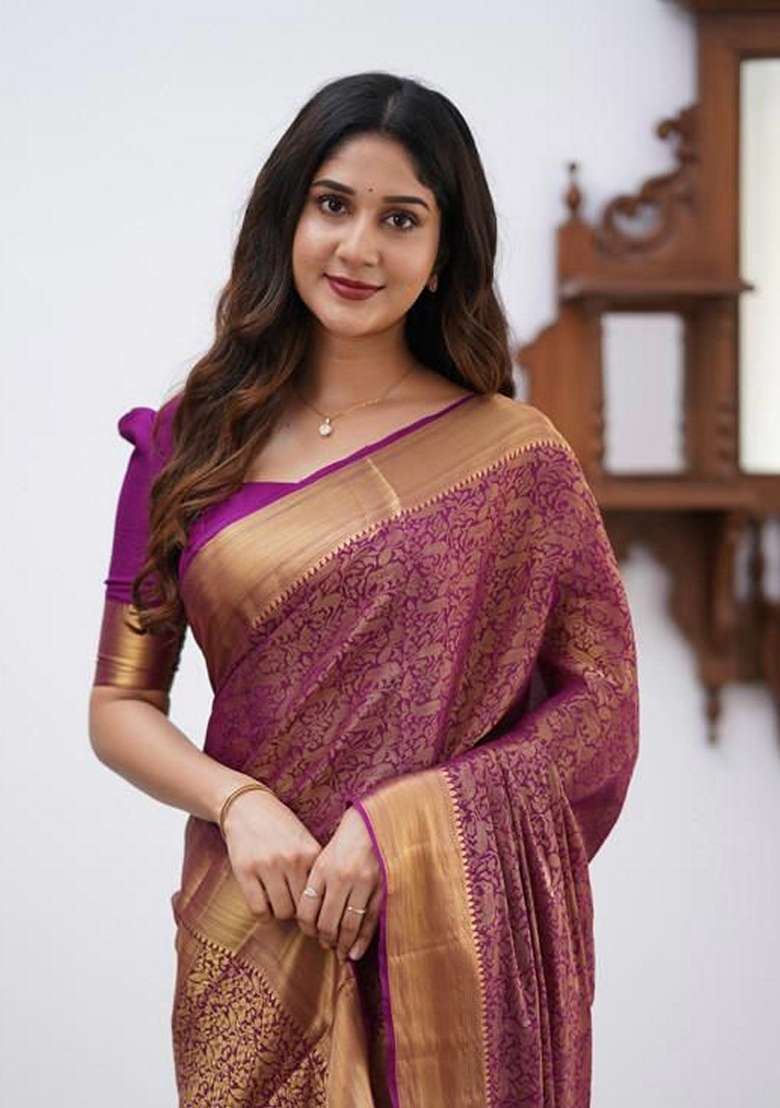 Purple Machine Embroidered Lichi Silk Blend Saree Set for Diwali and Festive Wear - Indya
