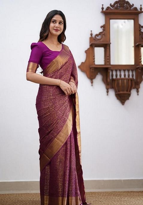 Purple Machine Embroidered Lichi Silk Saree Set