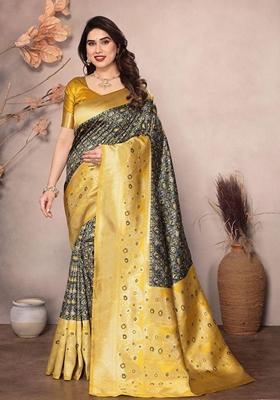 Black Machine Embroidered Lichi Silk Saree Set