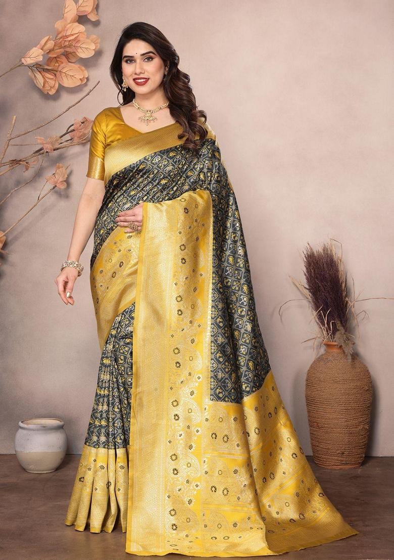 Black Machine Embroidered Lichi Silk Saree Set