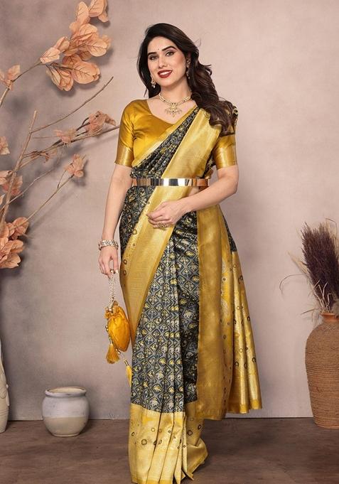 Black Machine Embroidered Lichi Silk Saree Set
