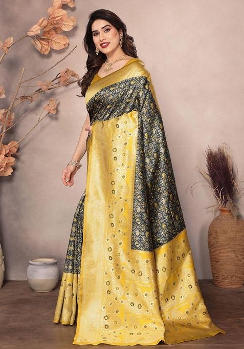 Black Machine Embroidered Lichi Silk Saree Set