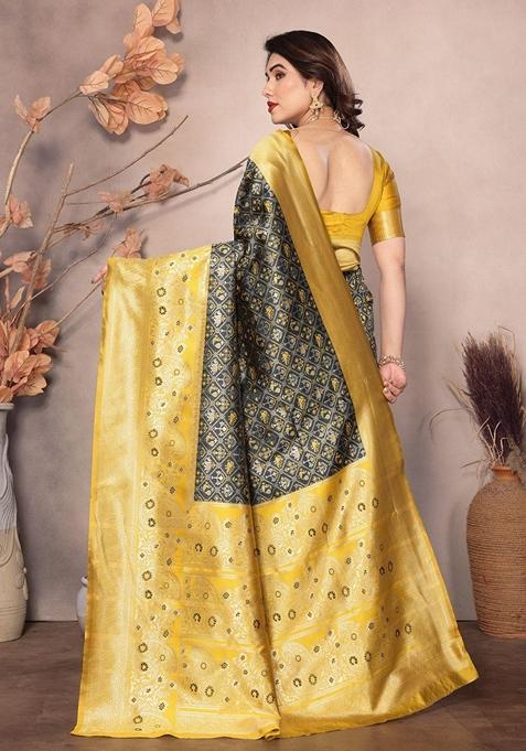 Black Machine Embroidered Lichi Silk Saree Set