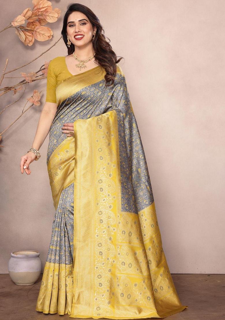 Grey Machine Embroidered Lichi Silk Saree Set