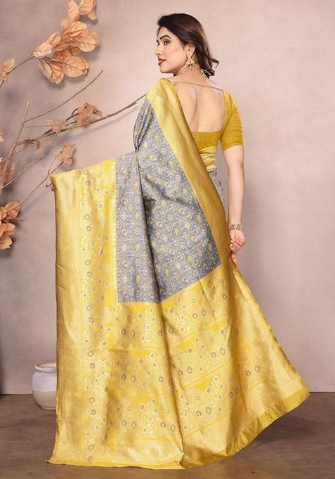 Grey Machine Embroidered Lichi Silk Saree Set