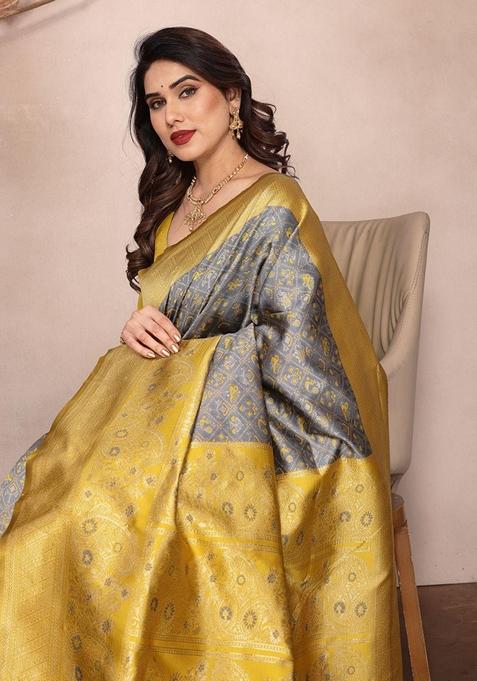 Grey Machine Embroidered Lichi Silk Saree Set