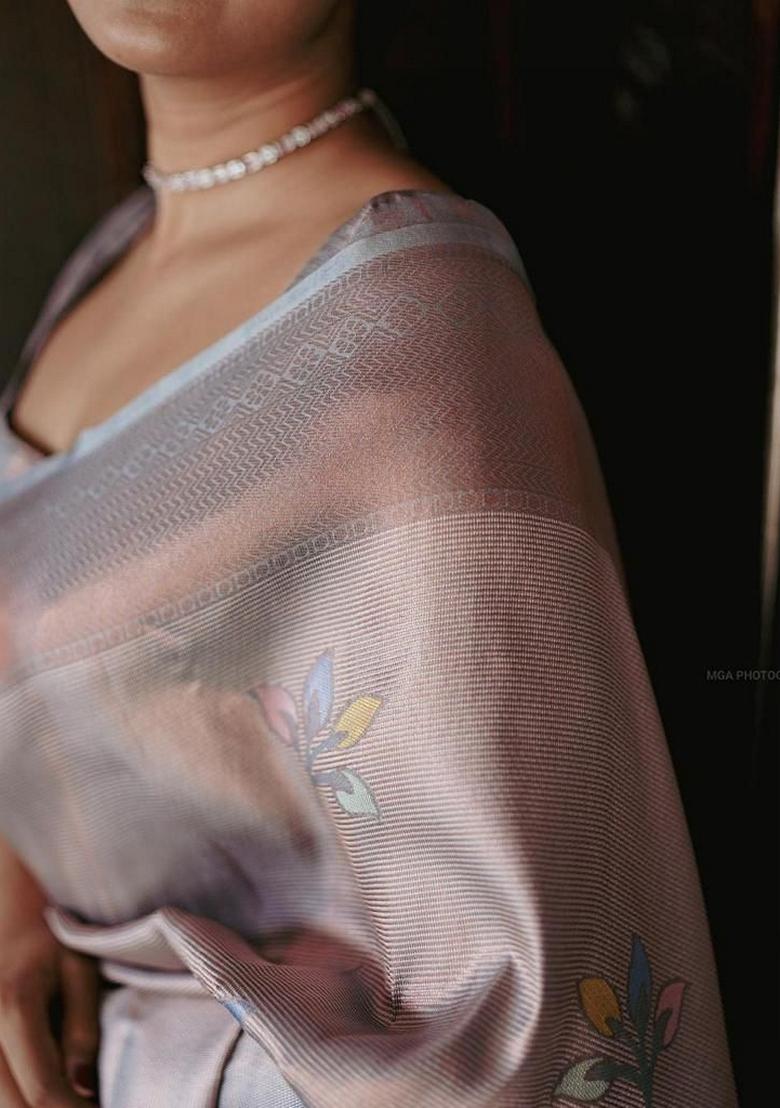 Grey Machine Embroidered Lichi Silk Saree Set