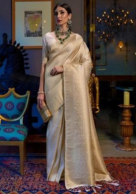 Cream Machine Embroidered Lichi Silk Saree Set