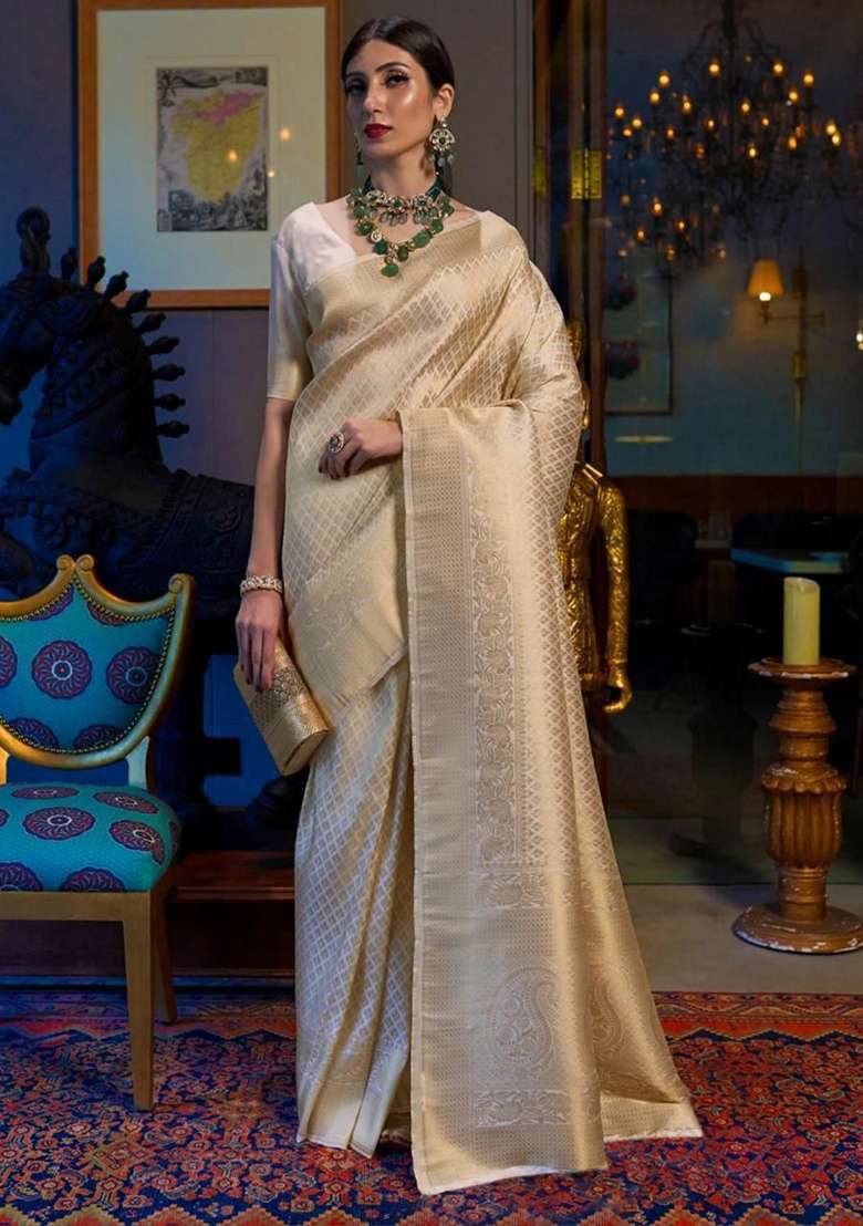 Cream Machine Lichi Silk Blend Saree Set with Embroidered for Diwali | Wedding & Festive Wear - Indya