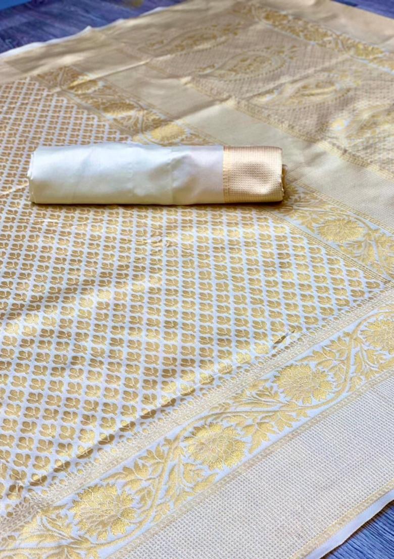 Cream Machine Embroidered Lichi Silk Saree Set