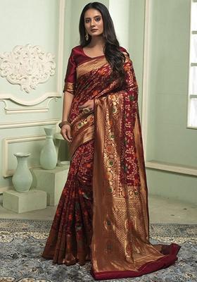 Maroon Machine Embroidered Banarasi Silk Saree Set