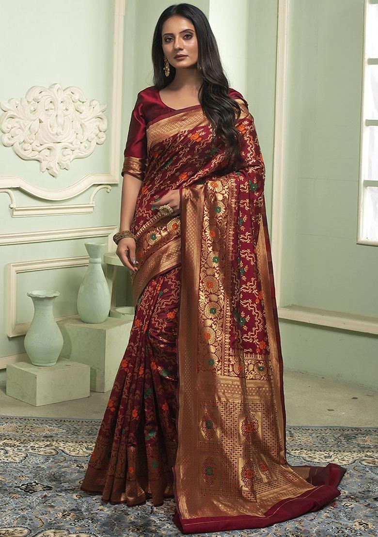 Maroon Machine Embroidered Banarasi Silk Saree Set
