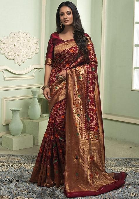 Maroon Machine Embroidered Banarasi Silk Saree Set
