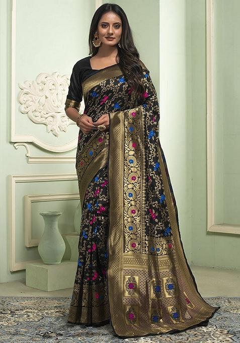 Black Machine Embroidered Banarasi Silk Saree Set