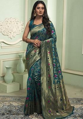 Blue Machine Embroidered Banarasi Silk Saree Set