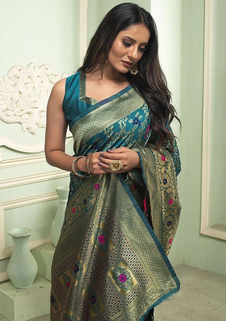 Blue Machine Embroidered Banarasi Silk Saree Set