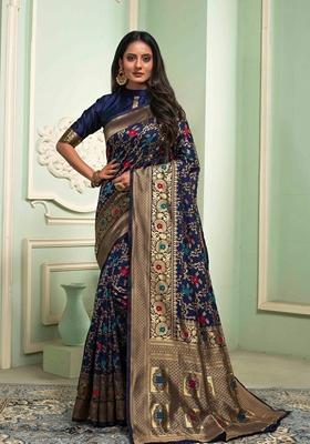 Navy Blue Machine Embroidered Banarasi Silk Saree Set