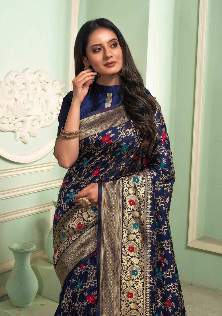 Navy Blue Machine Embroidered Banarasi Silk Saree Set