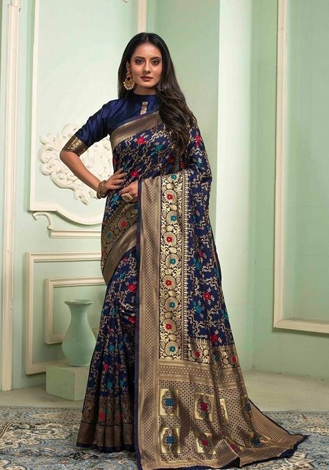Navy Blue Machine Embroidered Banarasi Silk Saree Set