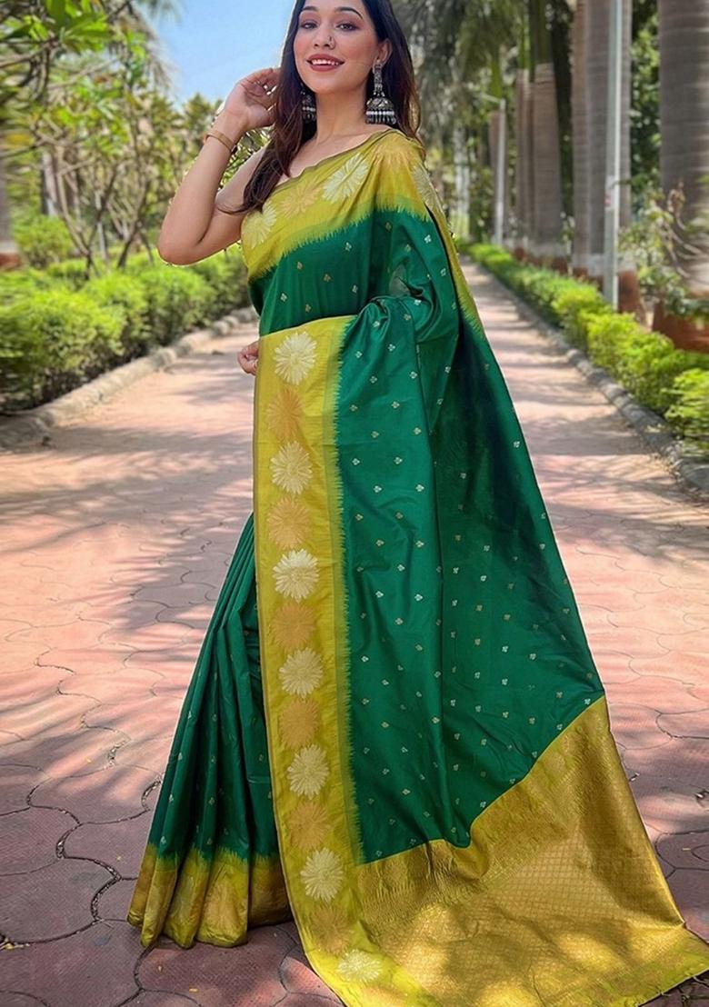 Green Machine Embroidered Banarasi Silk Saree Set