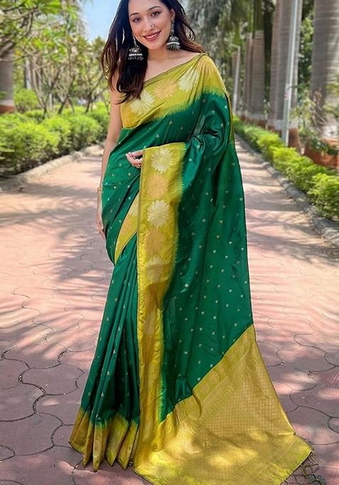 Green Machine Embroidered Banarasi Silk Saree Set