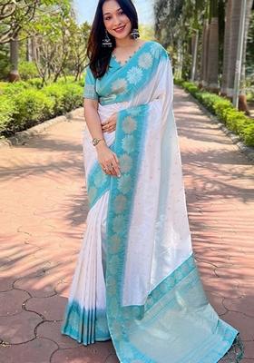 White Machine Embroidered Banarasi Silk Saree Set