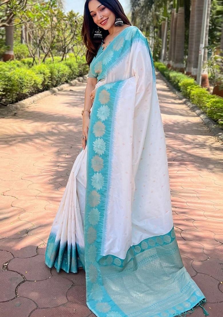 White Machine Embroidered Banarasi Silk Saree Set