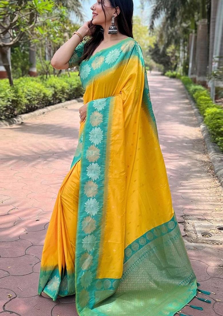 Yellow Machine Embroidered Banarasi Silk Saree Set