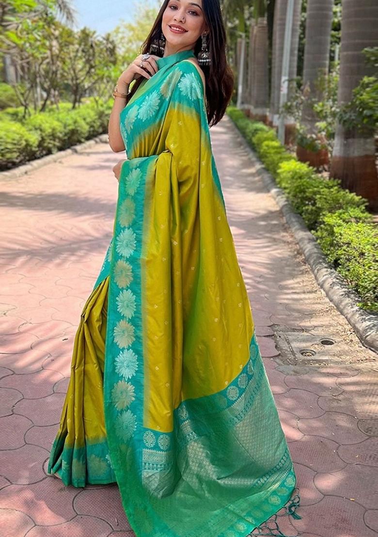 Olive Green Machine Embroidered Banarasi Silk Saree Set