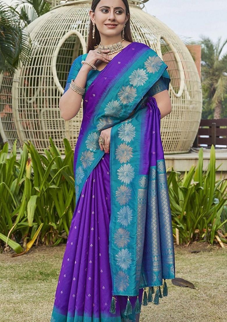 Purple Machine Embroidered Banarasi Silk Saree Set