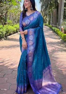 Blue Machine Embroidered Banarasi Silk Saree Set