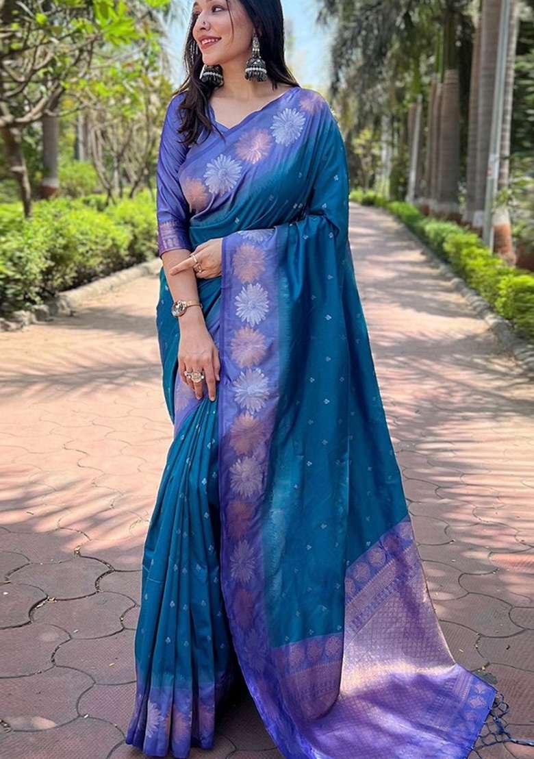 Blue Machine Embroidered Banarasi Silk Saree Set - Indya