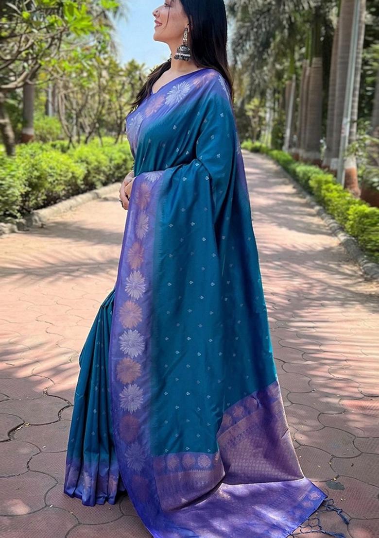 Blue Machine Embroidered Banarasi Silk Saree Set