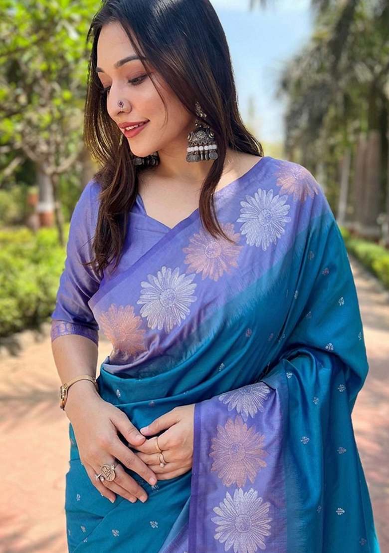 Blue Machine Embroidered Banarasi Silk Saree Set - Indya