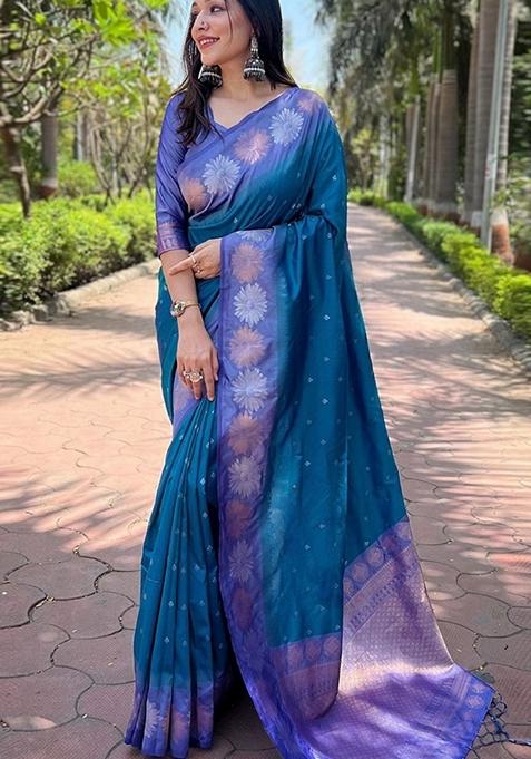 Blue Machine Embroidered Banarasi Silk Saree Set