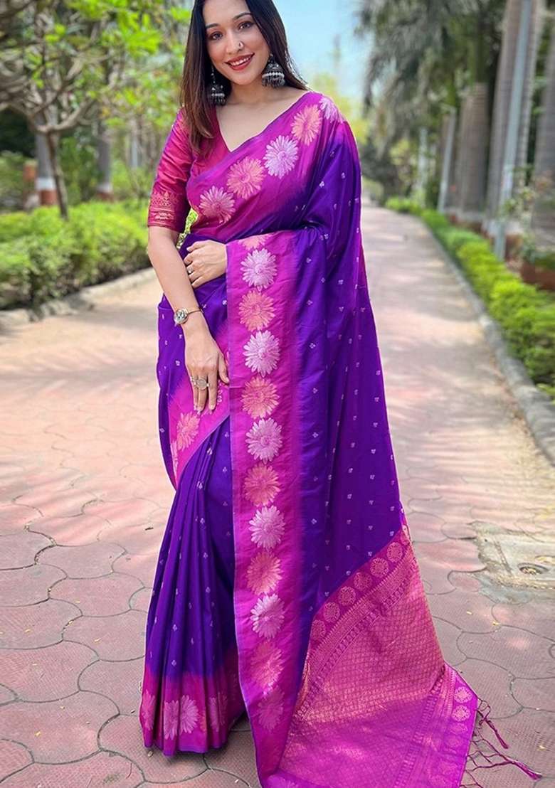 Violet Machine Embroidered Banarasi Silk Saree Set - Indya