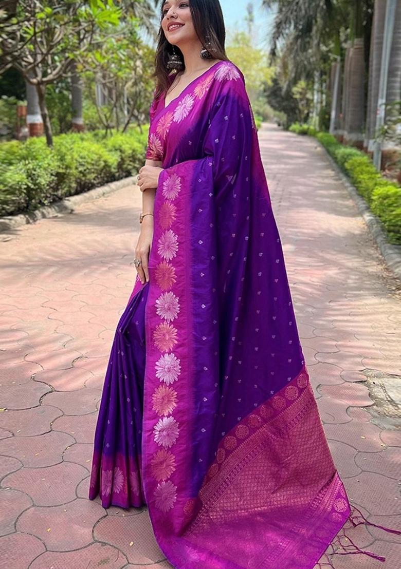 Violet Machine Embroidered Banarasi Silk Saree Set
