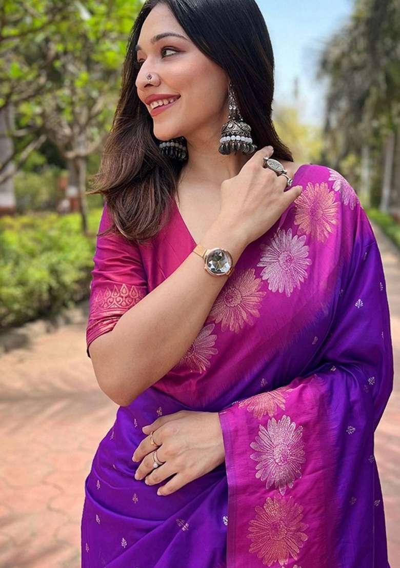 Violet Machine Embroidered Banarasi Silk Saree Set - Indya