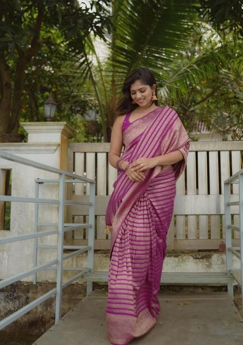 Pink Machine Embroidered Banarasi Silk Saree Set