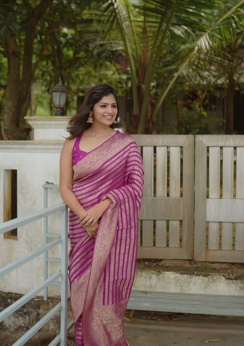 Pink Machine Embroidered Banarasi Silk Saree Set