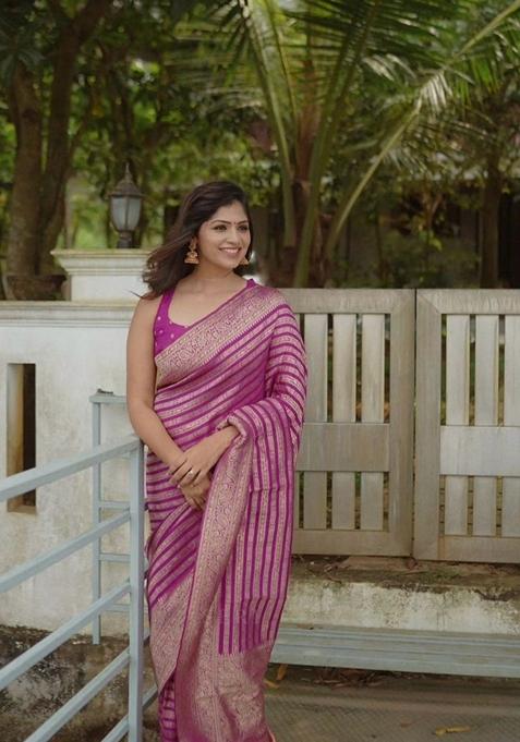 Pink Machine Embroidered Banarasi Silk Saree Set