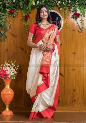 Cream Machine Embroidered Banarasi Silk Saree Set