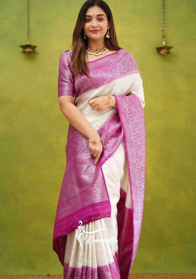 White Machine Blend Banarasi Silk Saree Set with Embroidered for Diwali | Wedding & Festive Wear - Indya