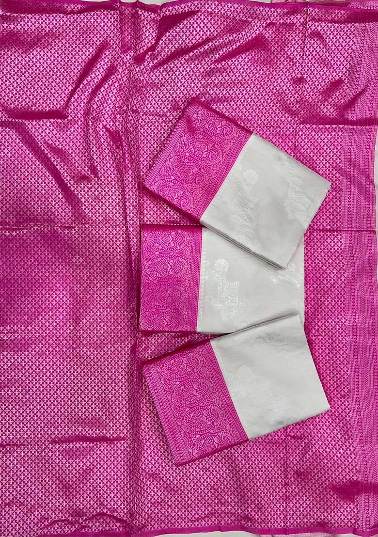 White Machine Blend Banarasi Silk Saree Set with Embroidered for Diwali | Wedding & Festive Wear - Indya