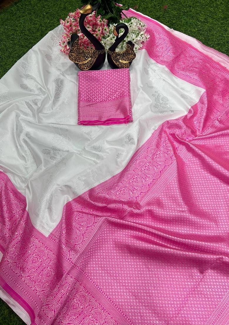 White Machine Embroidered Banarasi Silk Saree Set