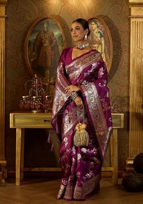 Maroon Machine Embroidered Banarasi Silk Saree Set