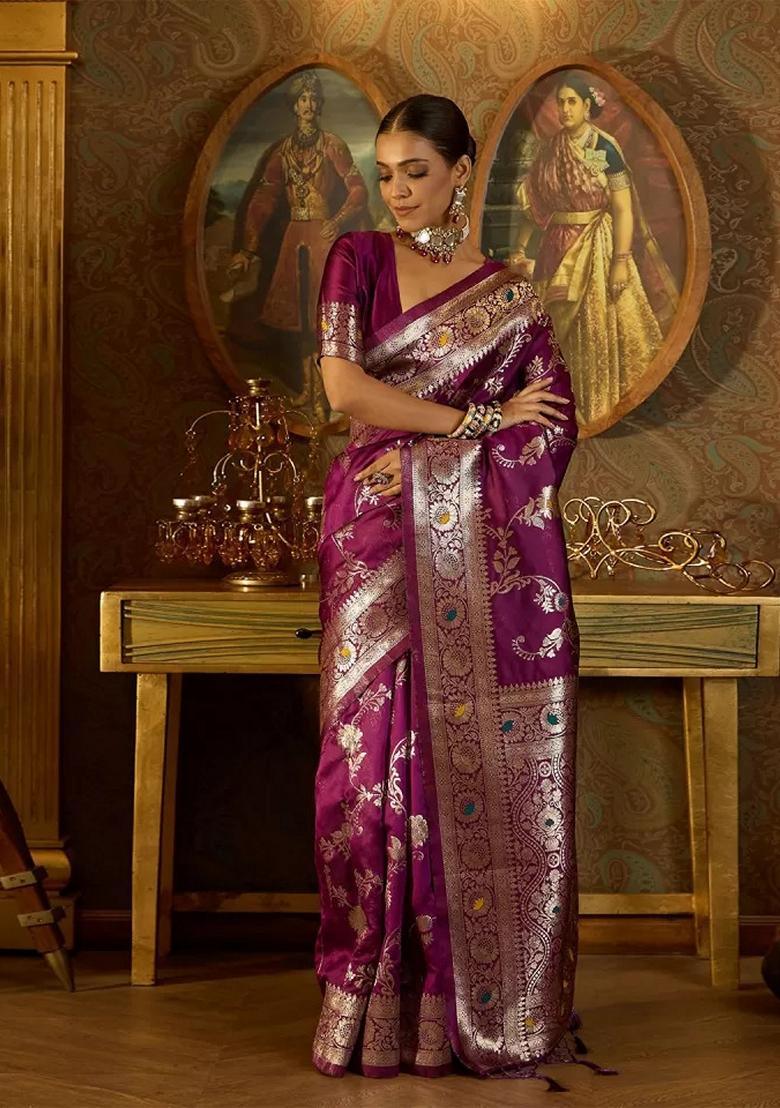 Maroon Machine Embroidered Banarasi Silk Saree Set