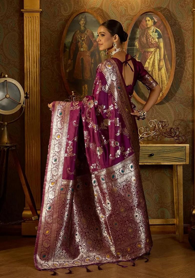 Maroon Machine Embroidered Banarasi Silk Saree Set