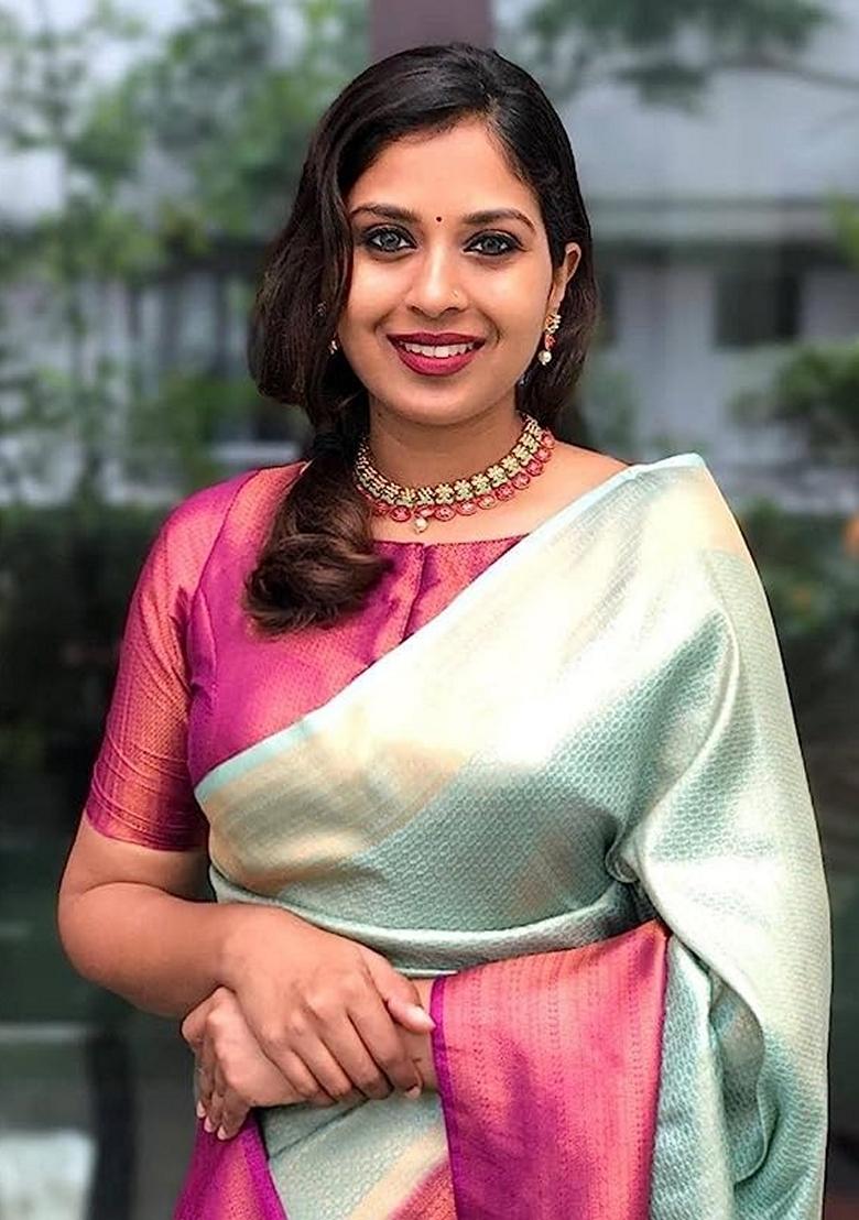 Light Blue Machine Embroidered Banarasi Silk Saree Set